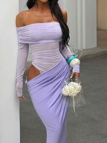 WOWDARK 夏季连衣裙，紫色优雅露肩网纱镂空修身连衣裙，女士正式派对礼服，适合情人节、约会、聚会、派对、旅行、度假、海滩等场合。