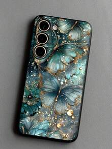 1pc Fashionable Green Butterfly & Flower Anti-Drop Anti-Slip Black Protective Phone Case Compatible With Galaxy A04e/A05s/A13/A14/A15/A34/A35/A50/A52/A53/A54/S21/S22/S23/S24/S25/S25Ultra Soft Protective Cover - Black - View 4