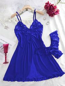 Bộ đồ lót nữ cỡ lớn gồm 2 món, chất liệu ren và lưới, cổ chữ V, thích hợp mặc ở nhà hoặc phối cùng đồ lót gợi cảm. - Màu xanh lam - Xem 3