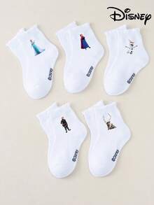 Disney 1/5 Pairs Elsa, Anna, Olaf, Kristoff Sven, Black Double Bar White Mid-Calf Socks,Girls' Short Socks, Boys' Short Socks, Daily/Party Gifts/Easter/Spring Summer Socks, Girls' Short Socks, Soft Comfortable Breathable Ankle Socks Non-Slip Boat Socks, Cute Casual Style, Daily Wear/Party Gifts/Easter/Summer