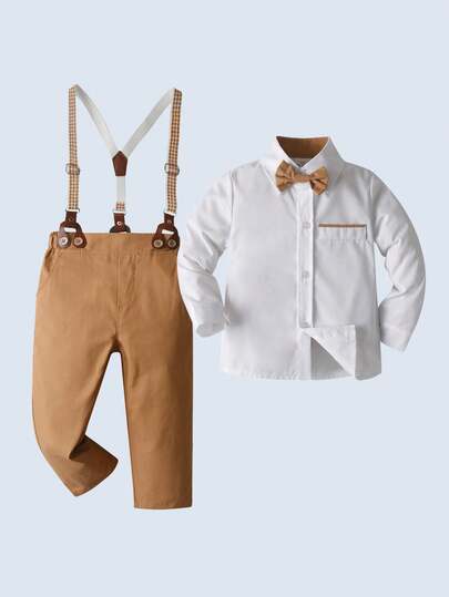 BOARNSEORL 两件套男童绅士套装 - 白色长袖衬衫配蝴蝶结和卡其色背带裤，时尚优雅，适合生日派对、正式场合、婚礼等。
