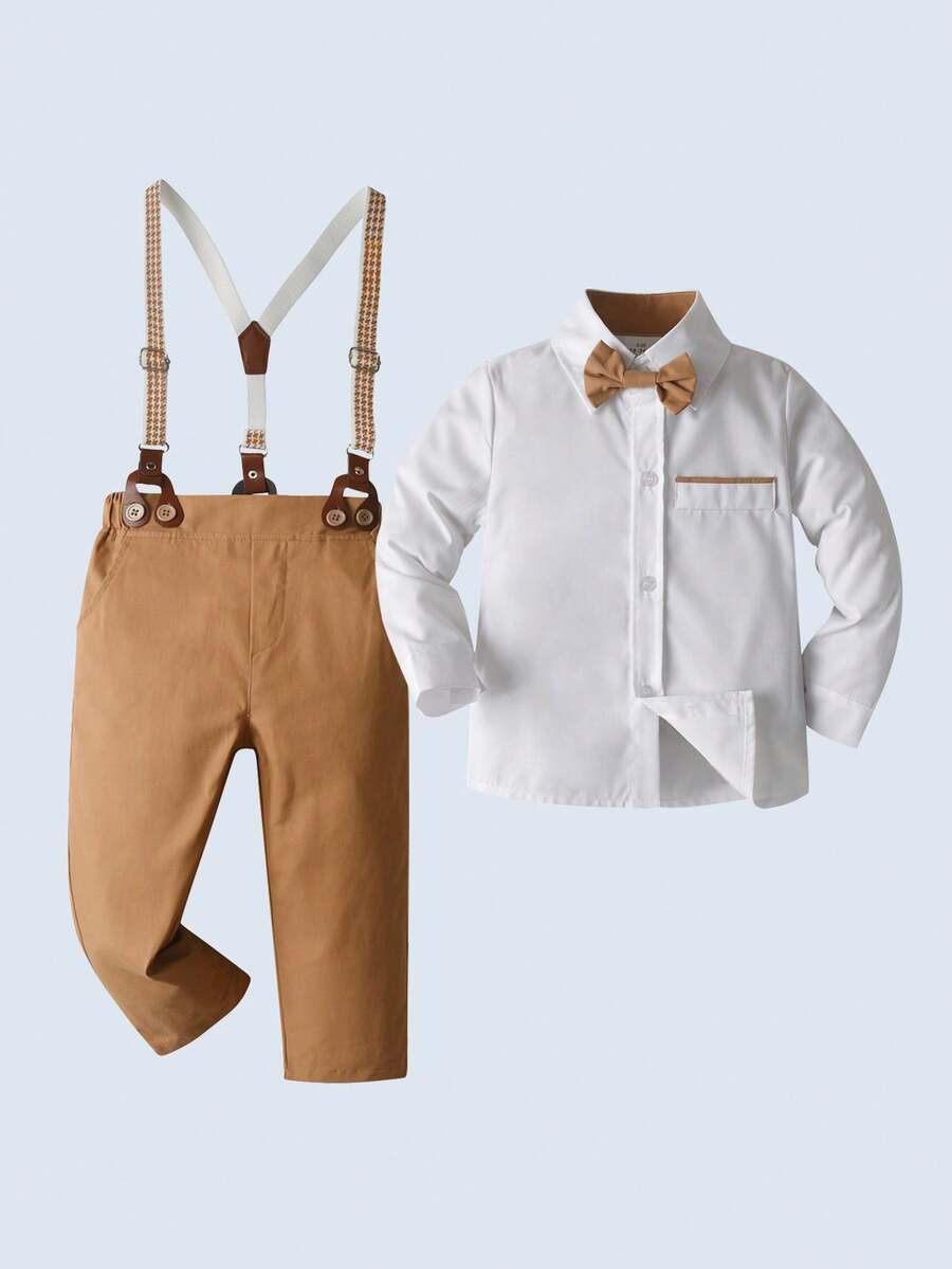 BOARNSEORL 2pcs Young Boys Gentleman Outfit - White Long Sleeve Shirt With Bow Tie And Khaki Suspender Pants, Fashionable, Elegant, Suitable For Birthday Party, Formal Occasion, Wedding - Khaki - View 1