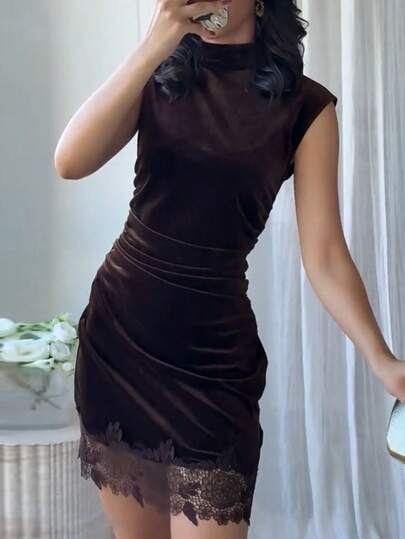 Women's Sexy Retro Velvet Mini Dress, Sleeveless Stand Collar Lace Patchwork Short Dress, Solid Color Elegant Velvet Lace Splice Zipper Vintage Party & Daily Wear, Spring/Summer