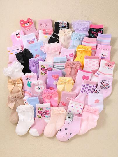 24/12/6 pares de calcetines de tobillo de bebé con estilo bohemio y diseños de conejo, oso, lazo, rayas, lunares y lazo. Calcetines de estilo Lolita para niñas pequeñas con múltiples diseños, doble capa de encaje, súper suaves y elásticos, cómodos para uso diario; 0-36 meses, para todas las estaciones, estilo princesa; Calcetines de bebé, calcetines de niña, calcetines Lolita, calcetines de dibujos animados, calcetines de encaje; Juego de regalo para niñas, regalo de cumpleaños, serie esencial de vuelta al colegio