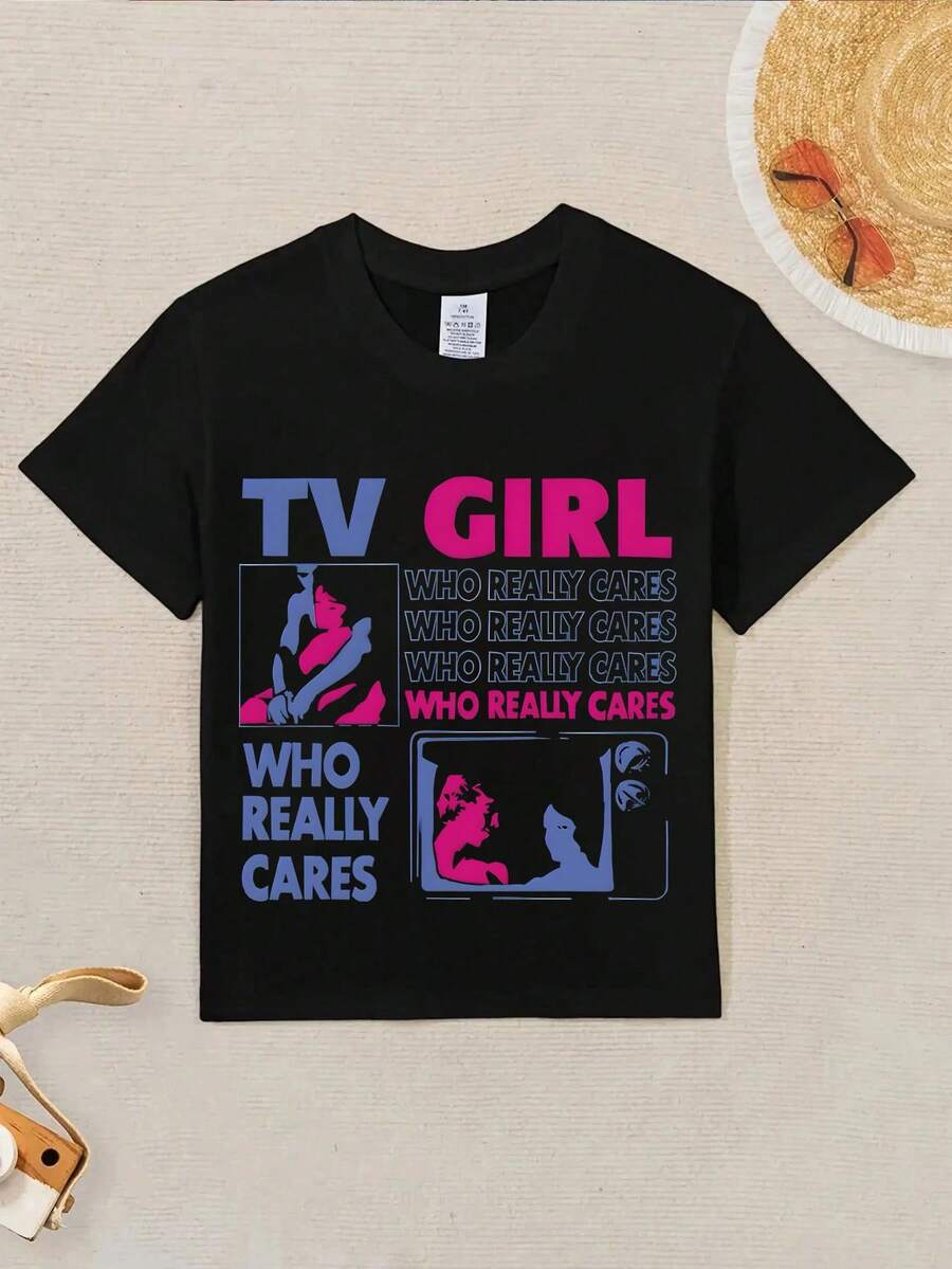 Teen Girls' Clothing, Featuring A TV-Girl Pattern Printed Cotton T-Shirt, A Fashionable And Cute Girl T-Shirt Perfect For Back-To-School Season. With A Variety Of Patterns And Styles, It Caters To Different Age Groups. A Casual Short Sleeved Round-Neck T-Shirt. - 黑色 - 查看 1