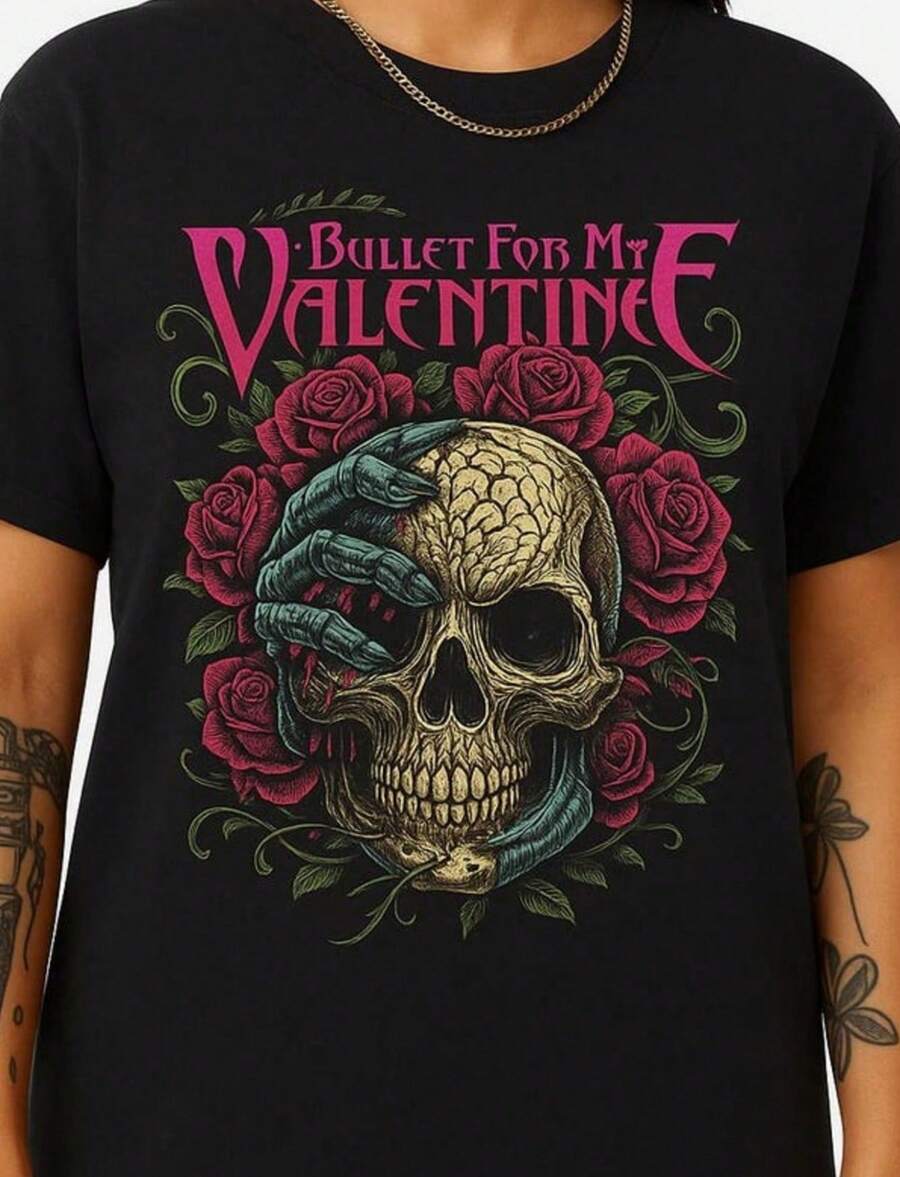 Bullet For My Valentine T Shirt Vintage Metalcore Band Tee Skull Roses Graphic Rock Concert Music Me - màu đen - Xem 1