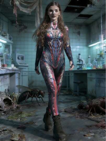 Women's Sexy Bodycon Party Jumpsuit - Tight Fit, Printed, Performance, Holiday, Printed, Long Sleeve, Glow-In-The-Dark Party Stage Costume, Robot Bodysuit, Holiday Costume, Halloween, Women's Carnival Costume, Women's Cosplay Costume