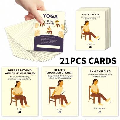 21pcs Chair Yoga Guide Cards Set, Basic Yoga Practice Cards, Yoga Poses Illustrated Step-By-Step Guide, Suitable For Beginners And Elderly, Gentle Movement Stretching Teaching Cards