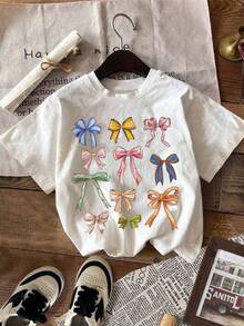 Cartoon Bow Print Round Neck T-Shirt, Casual Soft Top For Spring/Summer - White - View 1