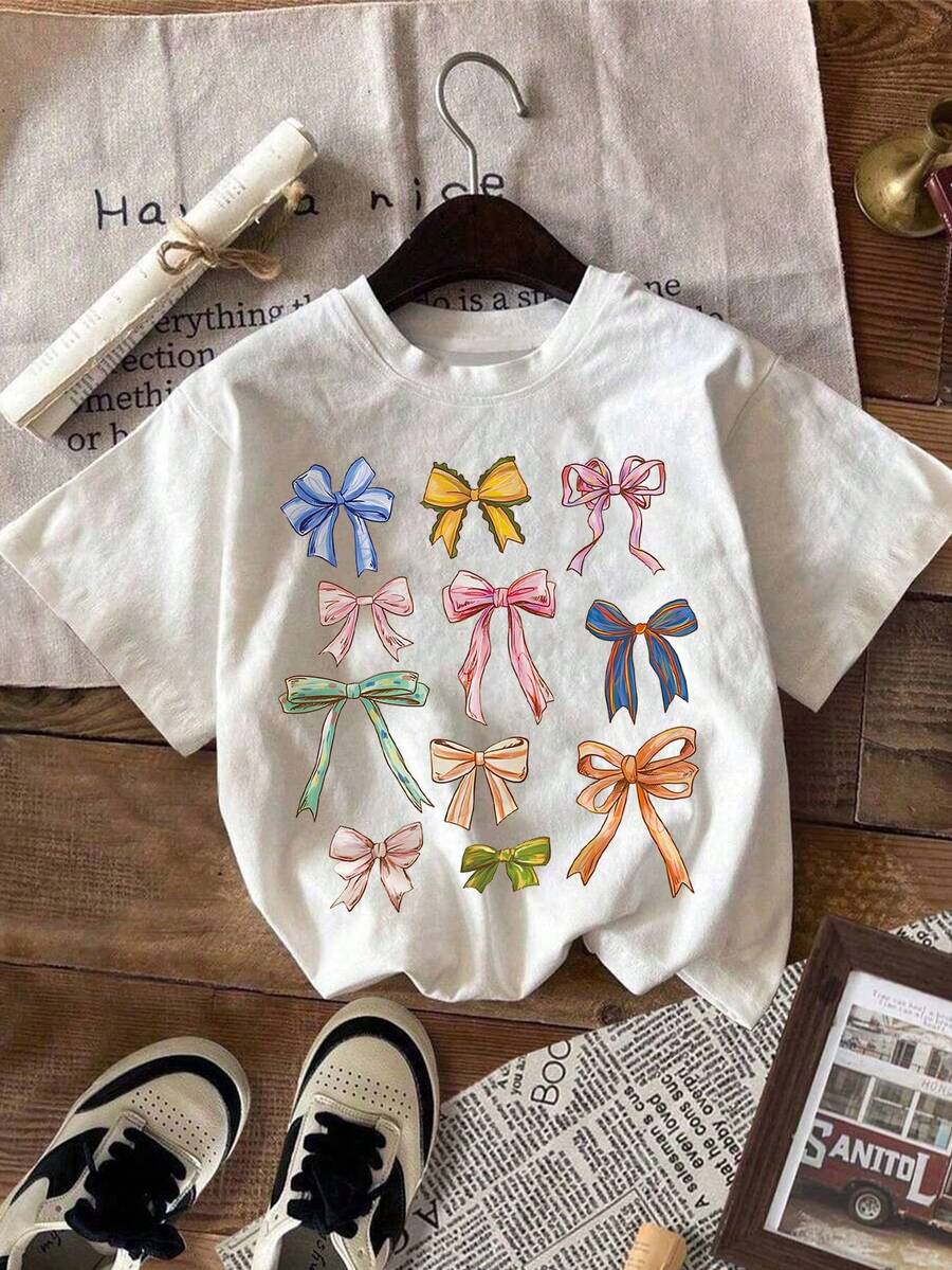 Cartoon Bow Print Round Neck T-Shirt, Casual Soft Top For Spring/Summer - White - View 1