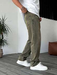 Jeans rectos de lavado desteñido para hombres, estilo de moda casual de calle, para todas las estaciones - Amarillo - Ver 4