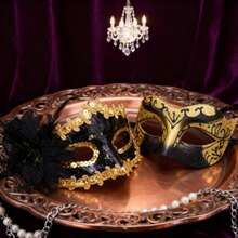 高级情侣化妆舞会浪漫金色面具套装，威尼斯派对面具，男女通用塑料万圣节嘉年华面具，ABS塑料材质情人节服装 - 金色 - 查看 12