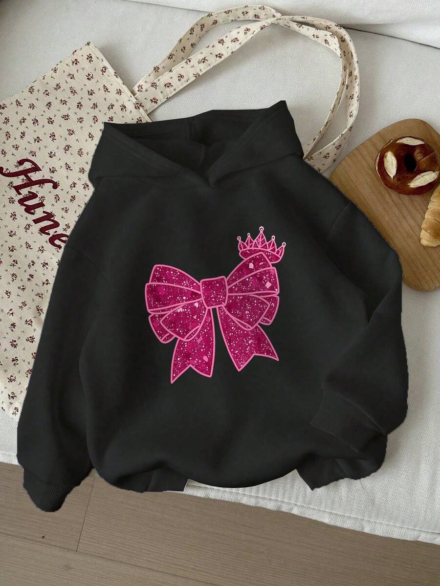 女童休闲连帽卫衣，饰有爱心、蝴蝶结和皇冠卡通印花，适合情人节、秋冬季穿着。 - 黑色 - 查看 1