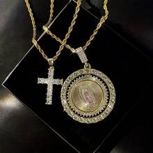 2Pcs Retro Hip-Hop Jewelry Set, Virgin Mary Rotating Pendant Necklace With Cross, Inlaid With Crystal Stones, Zinc Alloy, Religious Symbol, Suitable For Men And Women, Valentine's Day And Birthday Gifts - 金色 - 查看 3