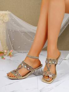 新款水晶装饰派对沙滩坡跟凉鞋，时尚百搭水钻露趾粗跟波西米亚风拖鞋 - 金色 - 查看 1