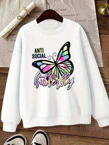 Artículo Popular - Sudadera con Estampado de Mariposa, Cuello Redondo - Blanco - Ver 1