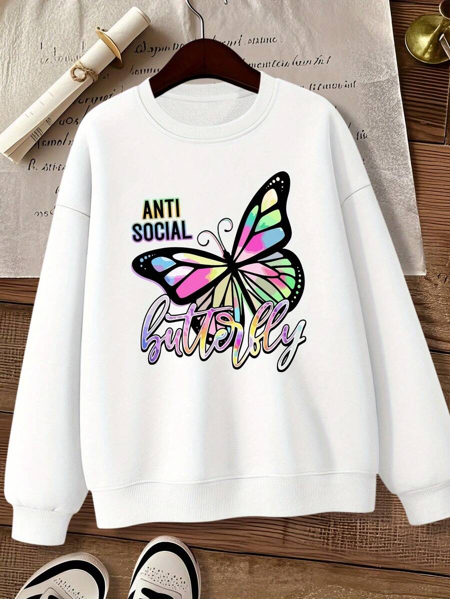 Artículo Popular - Sudadera con Estampado de Mariposa, Cuello Redondo - Blanco - Ver 1