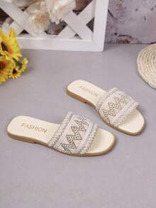 1双女童编织波浪条纹凉鞋，女童软底防滑拖鞋，儿童夏季休闲户外时尚凉鞋 - 白色 - 查看 5