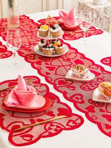 Basic Living 1pc Valentine's Day Decorations Table Runner Lace Heart Table Runner For Wedding Party Anniversary Valentine's Day Sweetest Day Dinner Supplies And Daily Use Home Decor - 紅色 - 查看 3