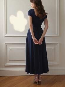 Rochie elegantă, casual, de primăvară/toamnă, nouă, cu mânecă scurtă, slim fit, pentru femei, retro franceză, elegantă, de înaltă calitate, rochie tricotată, cu guler francez, cu mânecă scurtă