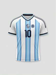 1pc Customized Argentina World Cup National Team Style Soccer Jersey, Blue & White Striped, Sports T-Shirt, Champion Commemorative T-Shirt, Customizable With Letters & Names, Suitable As Gift, Father's Day Gift Or Celebration T-Shirt - Baby Blue - View 3
