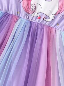 夏季少女可爱连衣裙，卡通独角兽印花拼接彩色网纱裙，荷叶边袖圆领，时尚公主风派对礼服，适合休闲、度假、派对、日常穿着 - 淡紫色 - 查看 7