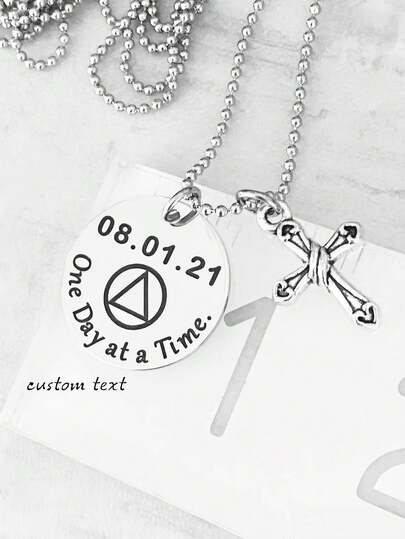 Custom Alcoholics Anonymous Necklace, Sobriety Gift, Personalized Engraved "One Day At A Time" With Recovery Date
