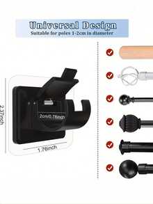 8个自粘式窗帘杆支架，免钻孔窗帘杆固定器，可调节窗帘杆挂钩，适用于浴室、厨房、家庭、酒店（黑色/白色/透明） - 黑色 - 查看 8