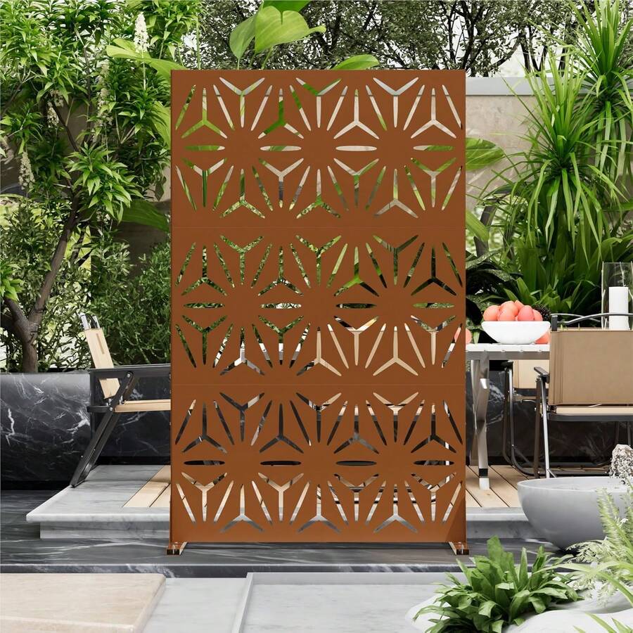Metal Privacy Screen For Outdoor Freestanding Privacy Screens, 72" H X 44" W Patio Decorative Metal Fence Panels With Stand, Portable Divider Screens For Outside Deck Balcony Garden And Indoor - Khaki - View 1