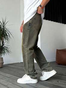 Jeans rectos de lavado desteñido para hombres, estilo de moda casual de calle, para todas las estaciones - Amarillo - Ver 3