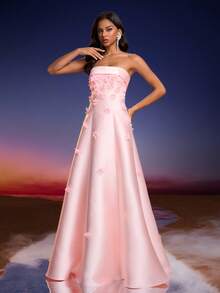 Vestido maxi con espalda descubierta, corpiño de satén lujoso con estampado floral de Anymoon, adecuado para graduación, baile de graduación, dama de honor, gala de alta gama, fiesta de compromiso, celebración del Eid - Rosa - Ver 5