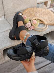 Women's Sports Sandals, New Summer Thick Sole Hook And Loop Closure Open Toe Beach Shoes, Casual Student Sandals - Black - View 4