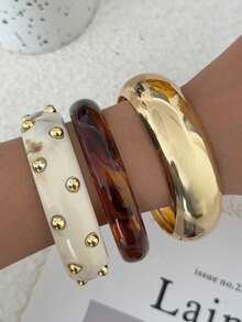 1pc Bohemian Geometric Arc Circle Rivet Resin Cuff Bracelet, Luxurious Casual Party Couple Wedding Holiday Versatile Charm Resin Bracelet Gift (Slight Defects And Color Variations In The Resin Are Normal) - Bracelet - View 4