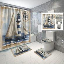 航海主题浴室装饰套装，4 件套帆船图案防水涤纶浴帘，附赠 12 个挂钩，可机洗，编织海洋艺术主题配件，防水编织设计 - 彩色 - 查看 1