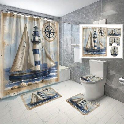 航海主题浴室装饰套装，4 件套帆船图案防水涤纶浴帘，附赠 12 个挂钩，可机洗，编织海洋艺术主题配件，防水编织设计