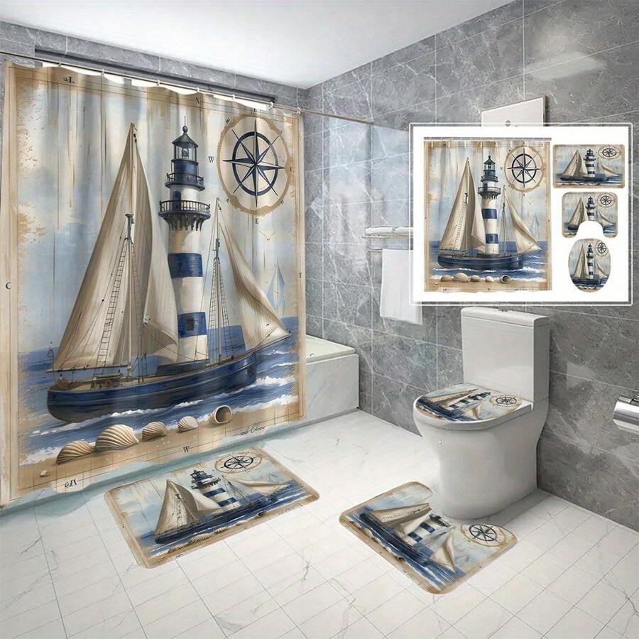 航海主题浴室装饰套装，4 件套帆船图案防水涤纶浴帘，附赠 12 个挂钩，可机洗，编织海洋艺术主题配件，防水编织设计 - 彩色 - 查看 1