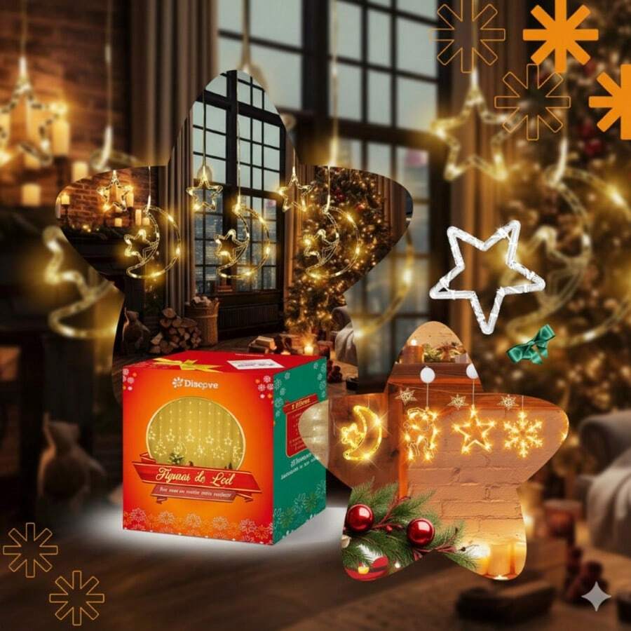Christmas Twinkle Lights Cascade 100 LED Curtain Bivolt Clothesline 8 Functions Decoration Star Moon Home - Trắng ấm - Xem 1