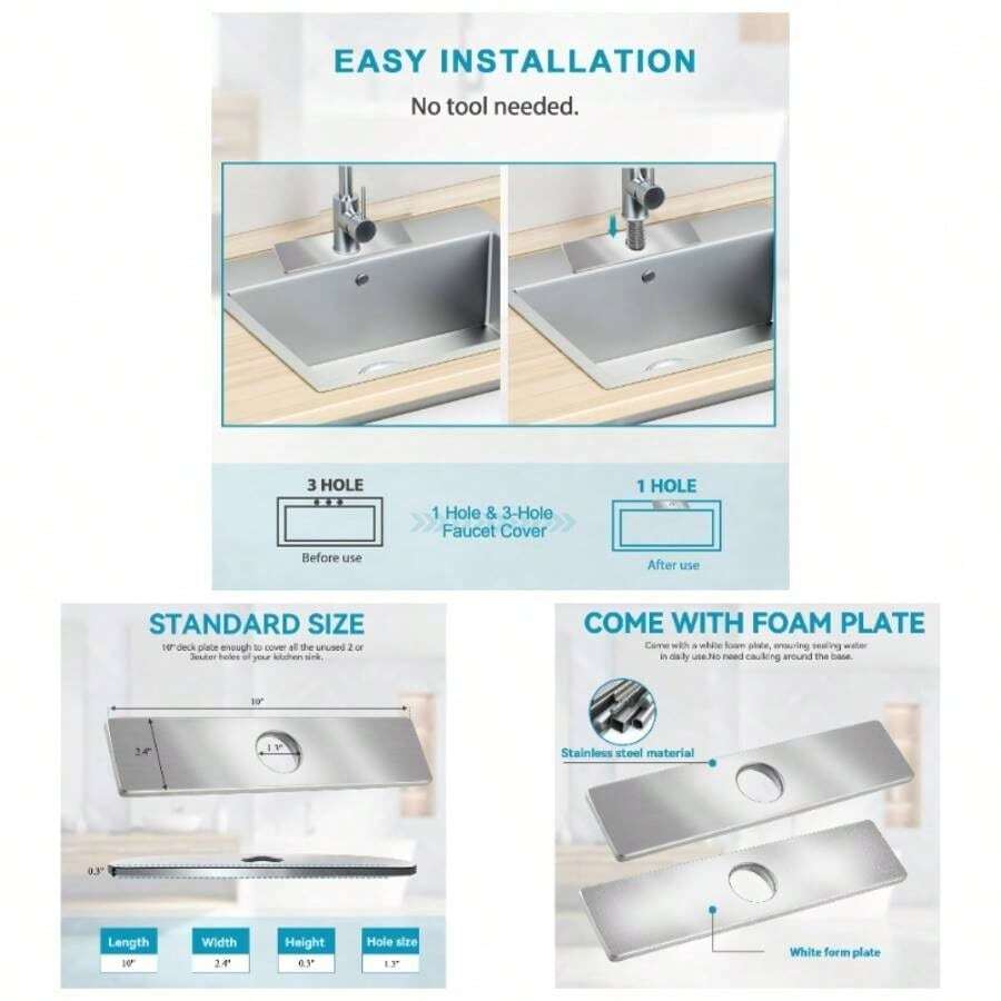 Kitchen Sink Faucet Hole Cover, Deck Plate Escutcheon - 1 Or 3 Hole Long Rectangle Cover Plate, Plumbing Cover Plates, 10 Inch Deck Plate Kitchen Faucet Or Bathroom: 304 Stainless Steel Nickel - Nickel - View 1