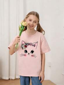 Camiseta de manga corta con cuello redondo y estampado de gato lindo para niñas preadolescentes, top de verano, adecuado para el uso diario de niñas adorables - Rosa - Ver 2