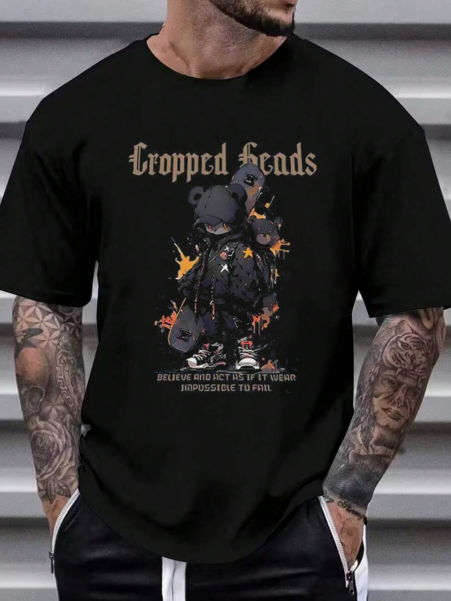 Envío nacional | camiseta de manga corta con estampado casual de algodón puro para hombres en primavera y verano - Negro - Ver 1