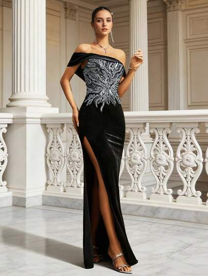 VIPGIRL 优雅的勃艮第露肩高开衩长礼服，饰有奢华串珠装饰，女士正式晚礼服，优雅派对礼服，舞会礼服