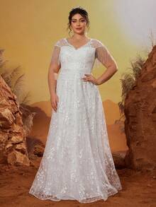 MGIACY V领透视飞机袖串珠蕾丝高端婚纱 - 白色 - 查看 4