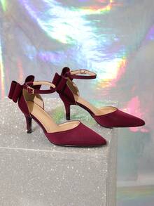 Green Satin Bow Pointed Toe Ankle Strap High Heel Shoes For Women, Spring/Autumn - Burgundy - View 4