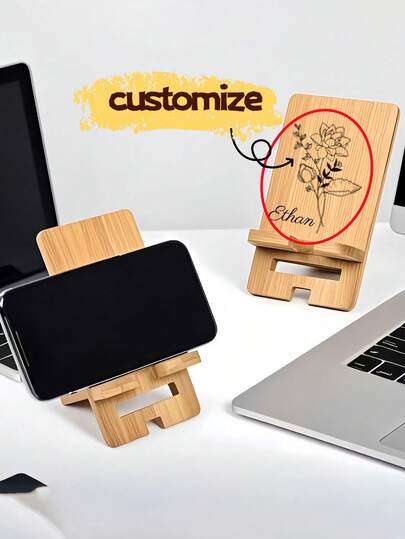 [Custom] Adjustable Bamboo Phone And Tablet Stand - Multi-Angle Desktop Holder, Customizable, Ideal For Home Office, School - Perfect Gift For Mother's Day, Father's Day, Easter - Stylish Design Suitable For Home, Work And Study