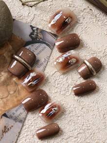 10片亚克力按压式美甲，棕色指甲，金色内衬，短款，适合办公室日常佩戴，人造指甲套装包含1张粘合贴片和1个迷你指甲锉。 - 彩色 - 查看 3