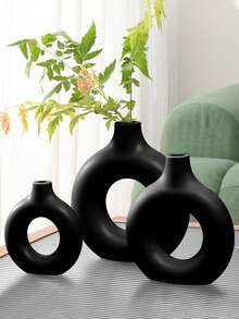 1 pieza Jarrón decorativo circular de plástico negro, jarrón de decoración de flores secas simuladas, jarrón artístico para arreglos florales, decoración simple para sala de estar, sala de exposiciones, decoración del hogar, jarrón de flores, centro de mesa, decoración de mesa, Día de San Valentín, decoración de la habitación de San Valentín, decoración de la sala de estar, decoración de otoño, contenedores de almacenamiento, decoración de la habitación bohemia, decoraciones navideñas