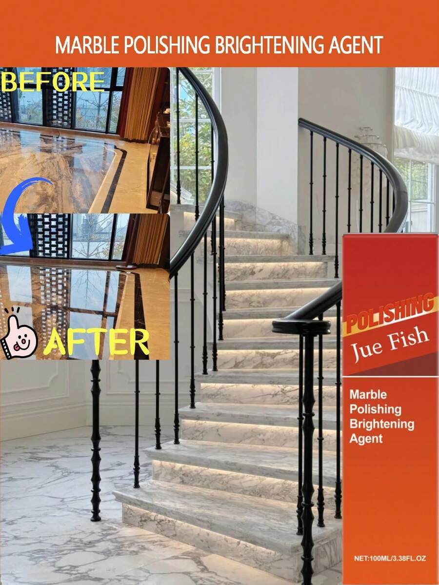 JUE FISH 1瓶/100毫升 大理石抛光增亮剂，日常清洁大理石表面，快速提升光泽，焕新外观，大理石友好配方，避免表面损伤，无需专业工具