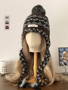 多巴胺绒球耳盖毛线帽 - 甜美俏皮风格 - 毛球費爾島小辮子 - 查看 5