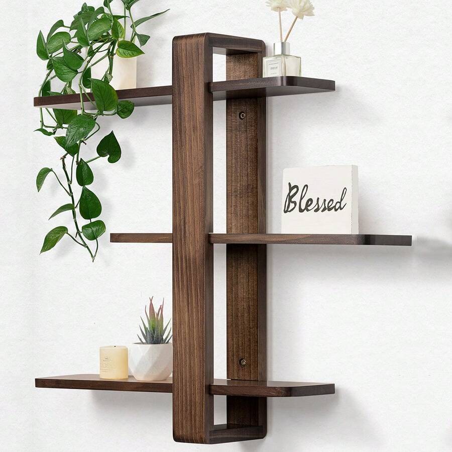 Mid-Century Modern Floating Shelves Set - 3-Tier Walnut Finish Large Wall Shelf, 20in Plant & Photo Display Storage For Living Room & Bedroom - 碳色 - 查看 1