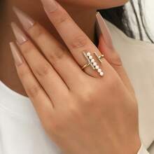 Faux Pearl & Rhinestone Decor Cuff Ring - Yellow Gold - View 4